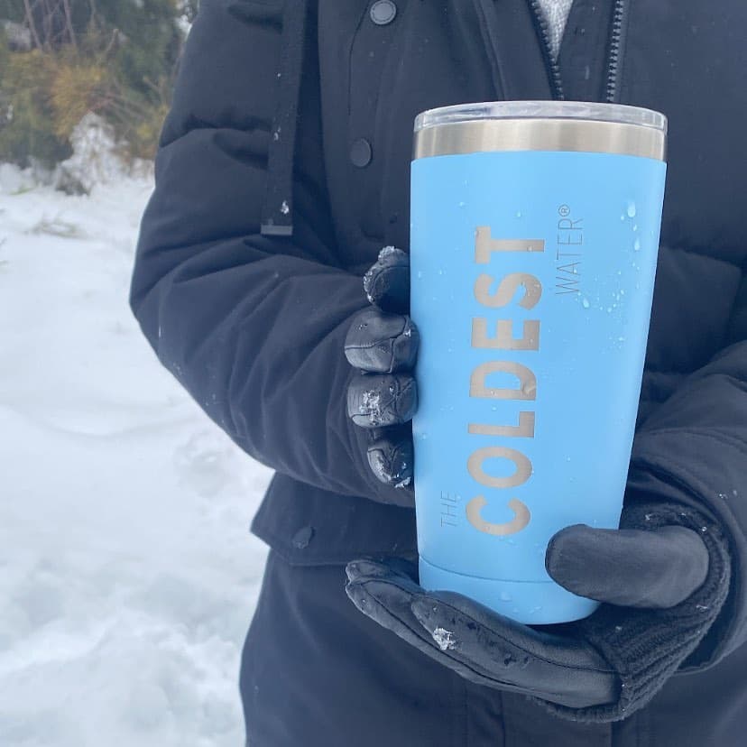 Blue Coldest tumbler in the snow