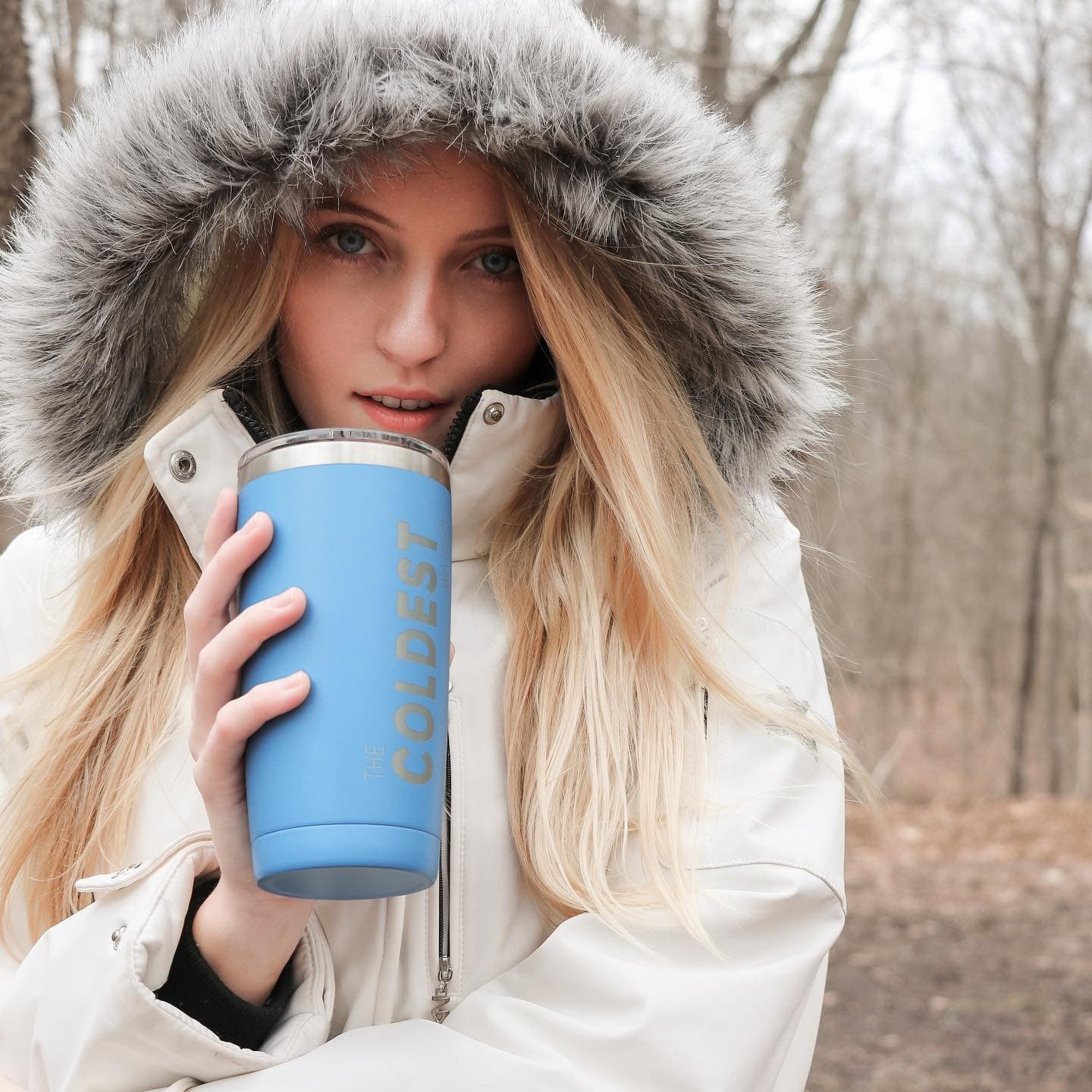 Blue Coldest tumbler on a winter day